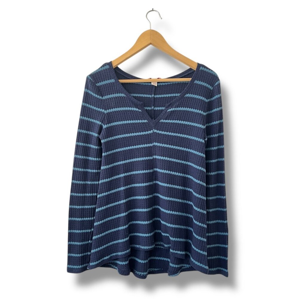 Arizona Jean Co Waffle Knit Top Women M Blue Stripe Long Sleeve Casual Stretch